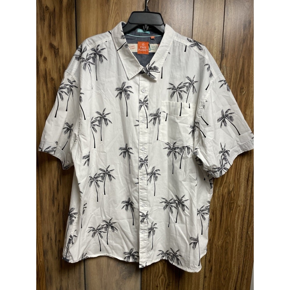 Free Planet Palm Tree Print Button Up Vacation Hawaiian Shirt 4XL White Black